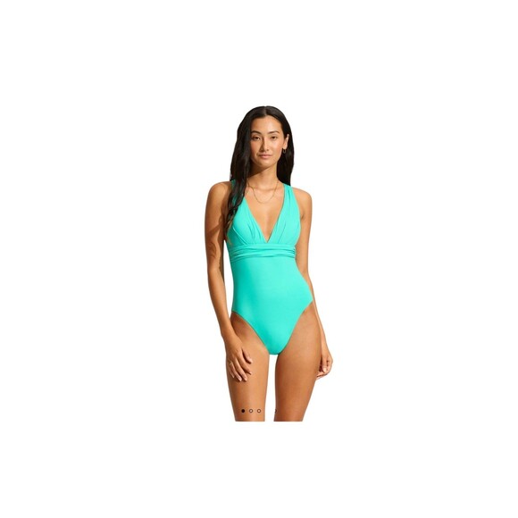 Seafolly La Mer Aquatic Blue Cross Back One Piece Women's Size 10  Swimsuit NWT - Picture 1 of 6